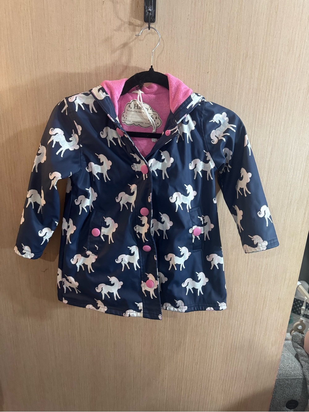 Hatley Navy Unicorn Raincoat with Pink Lining and Buttons Size 5